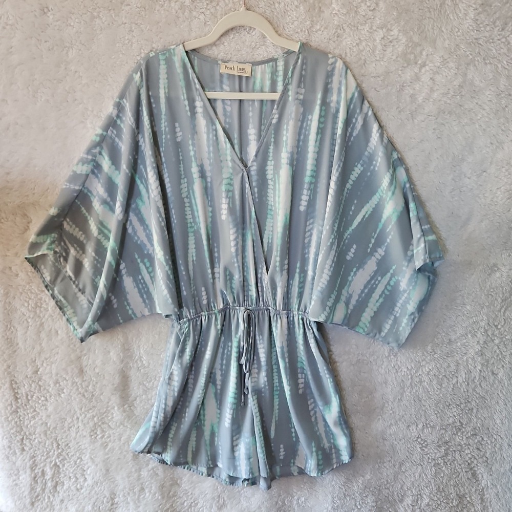 Peach Love Flowy Shorty Romper Sz L Tie-Dye Dolman Sleeve Drawstring‎ #613